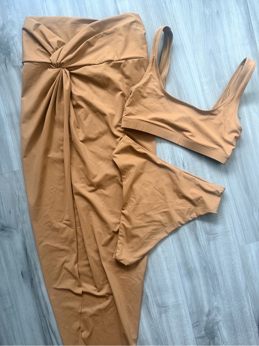SKIMS Camel/Tan Swim Set - Knot Sarong, Scoop Bralette & High-Cut Brief